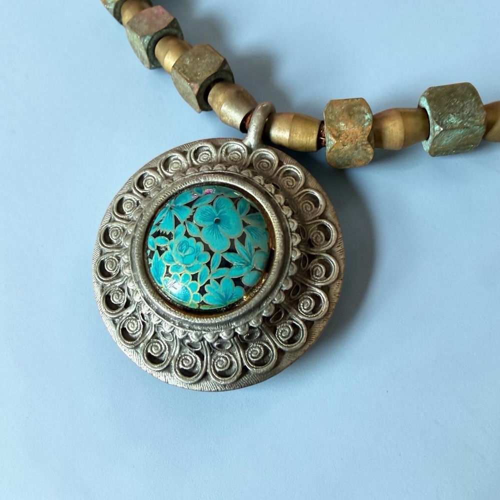 Vintage Florenza Faux Turquoise Floral Pendant Necklace Boho 25" Signed Boho